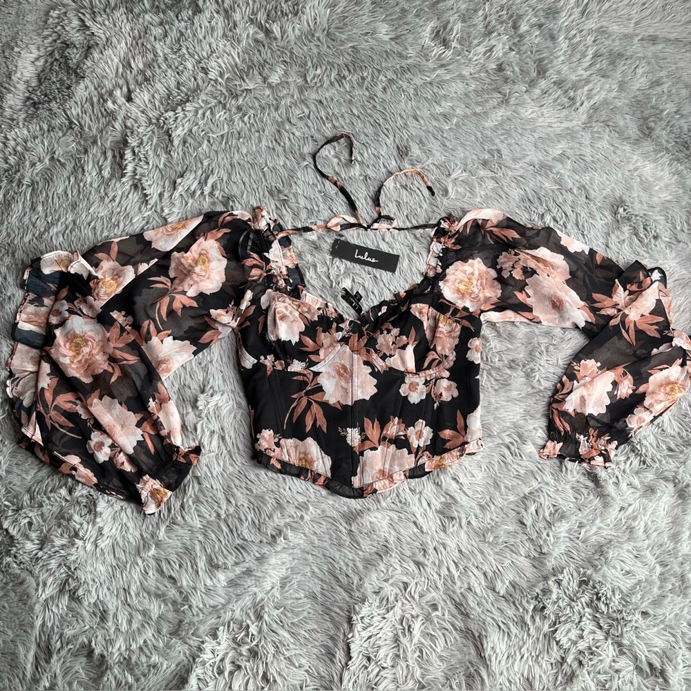 Lulus Crop Top Womens Small Black Floral Balloon Long Sleeve Bustier NWT Black